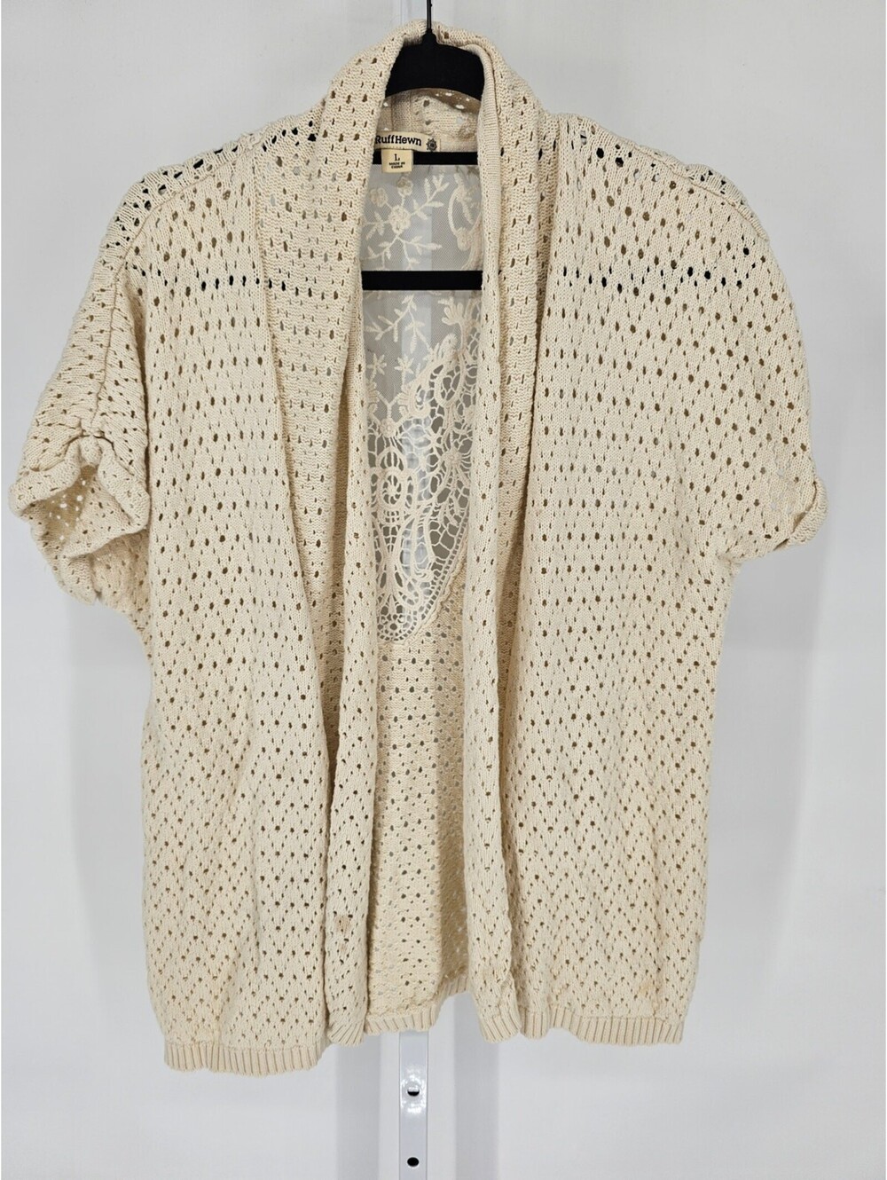 Ruff Hewn Womens Sz L Short Sleeve Cardigan Sweater Cream Lace Crochet